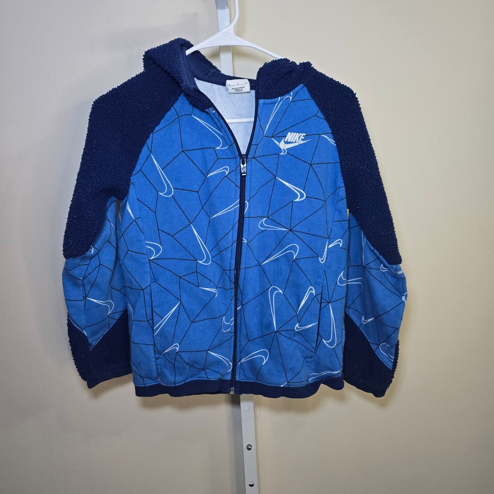 Kids Boys Nike Full Zip Hoodie Blue Geometric Swoosh‎ Sherpa Lined Jacket Size M